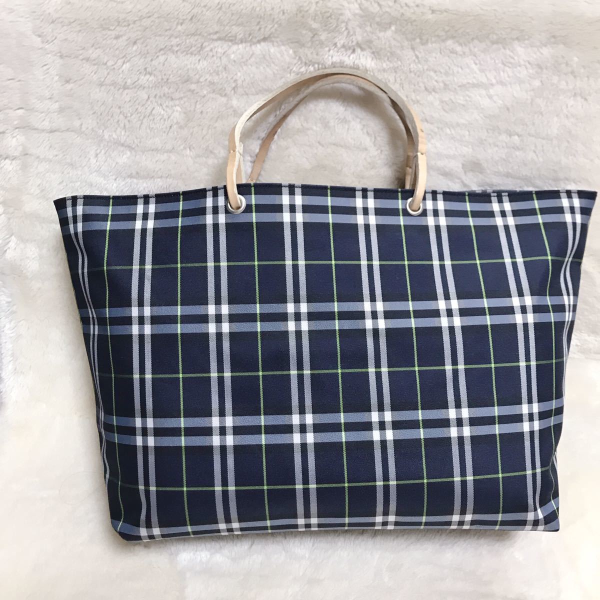 美品 BURBERRY 大容量 船形 トートバッグ ブルー チェック ネイビー バーバリー ロンドン ハンドバッグ キャンバス レザー 青 切り替え