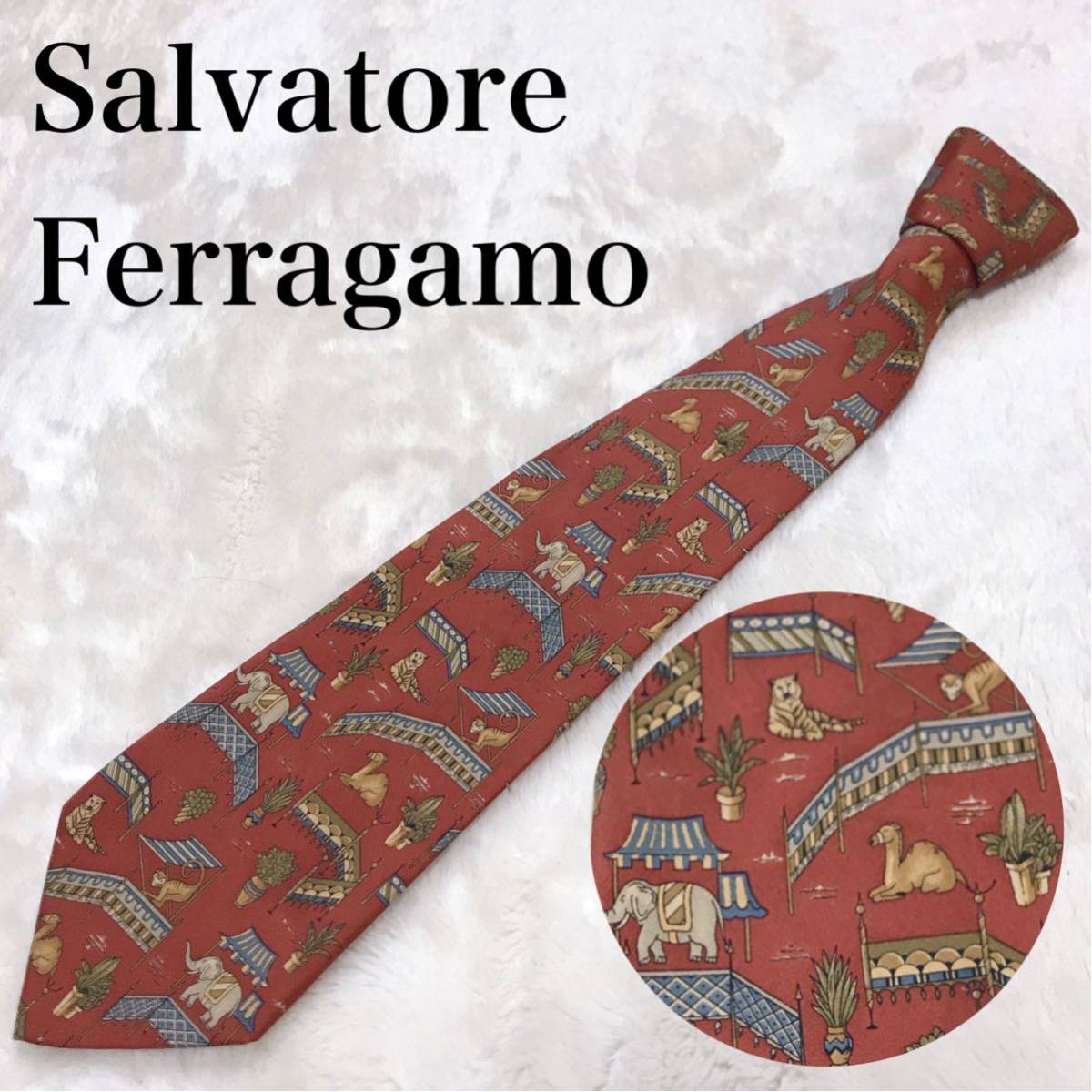 極美品 Salvatore Ferragamo ネクタイ オレンジ アニマル フェラガモ
