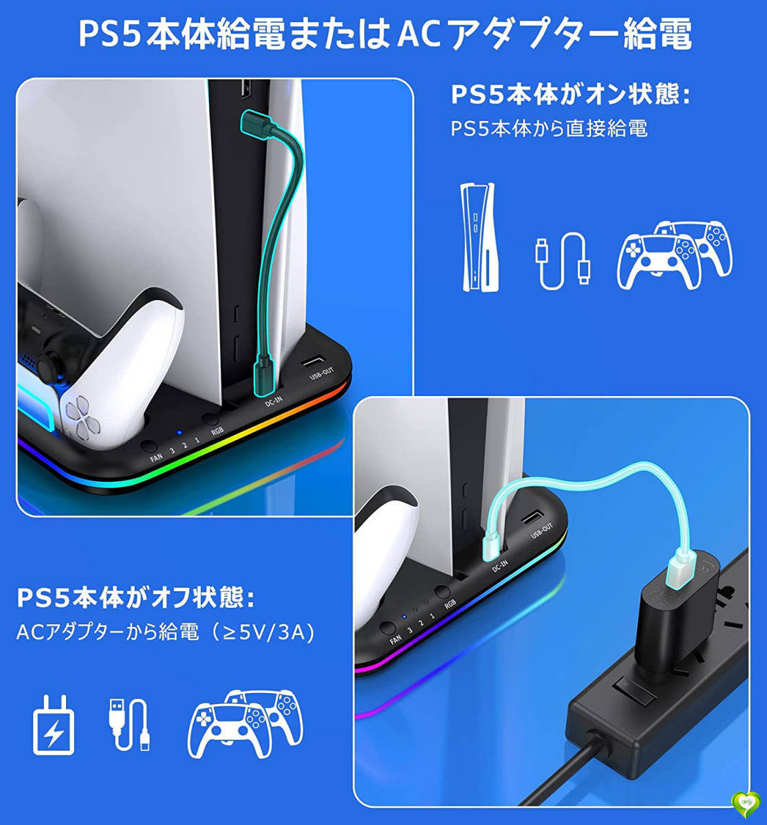 PS5 PS5スタンド 縦置き 冷却 コントローラー充電2台同時 3段階冷却 ディスク・デジタル兼用 収納多機能 ドックRGBライト