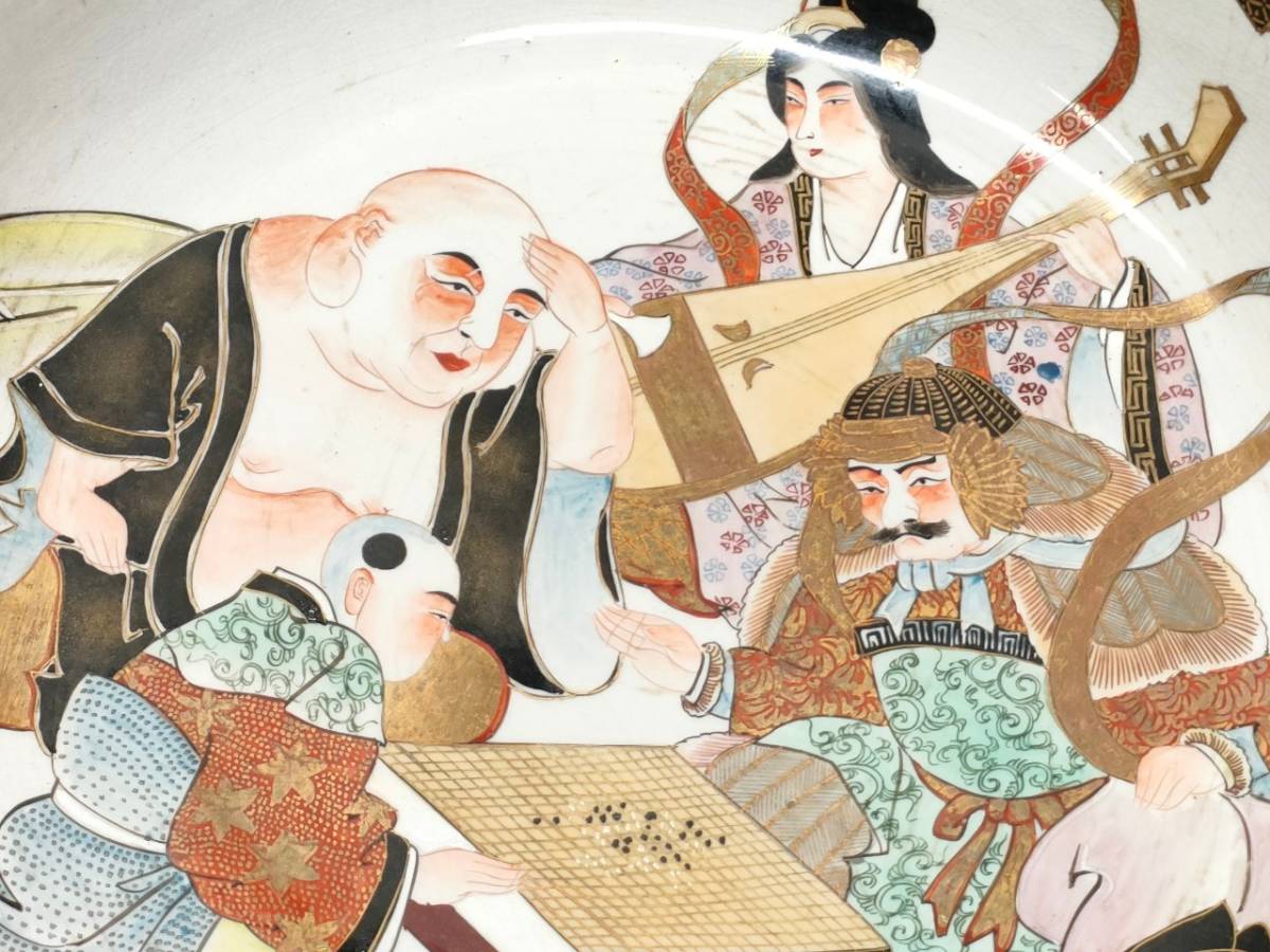 明治期九谷焼七福神図金彩色絵鉢一枚ひび有豪華絢爛希少将棋皿3枚骨董