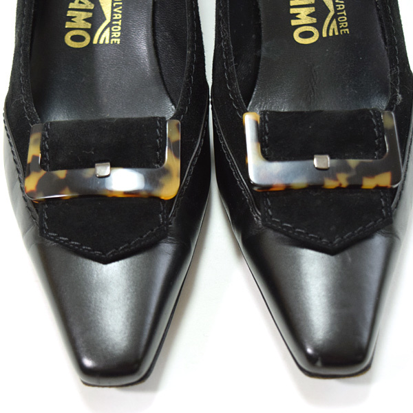 Salvatore Ferragamo■スウェードレザーベルトパンプス　7C（24cm）ブラック黒　フェラガモ　セレモニー　スクエアトゥ　ビジネス