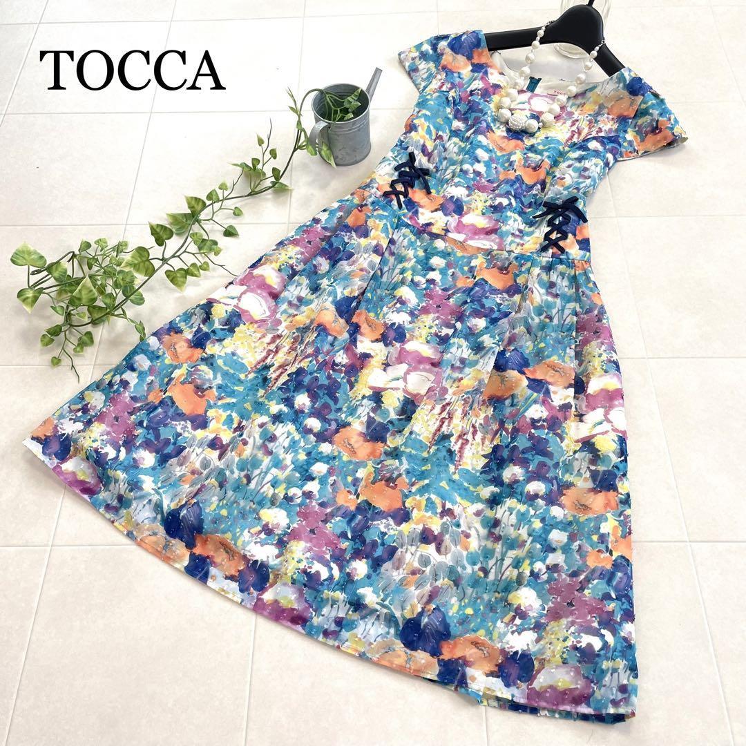 美品 トッカ 洗える TOCCA 水彩画 花柄 フレア ひざ丈 ワンピース 0