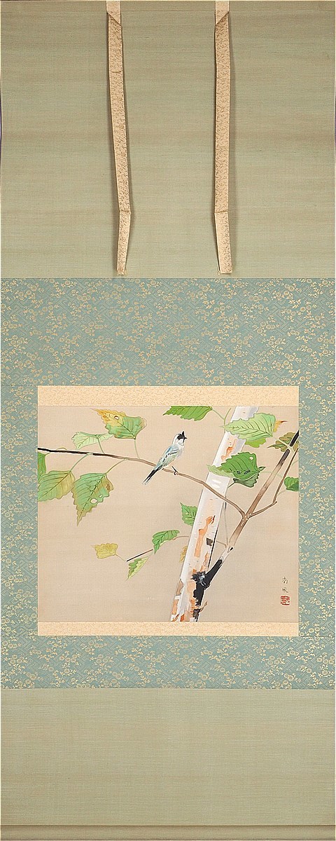真作】【渡鹿庵】[堅山南風] 5261 掛軸 日本画 枯木に小禽の図 合箱二