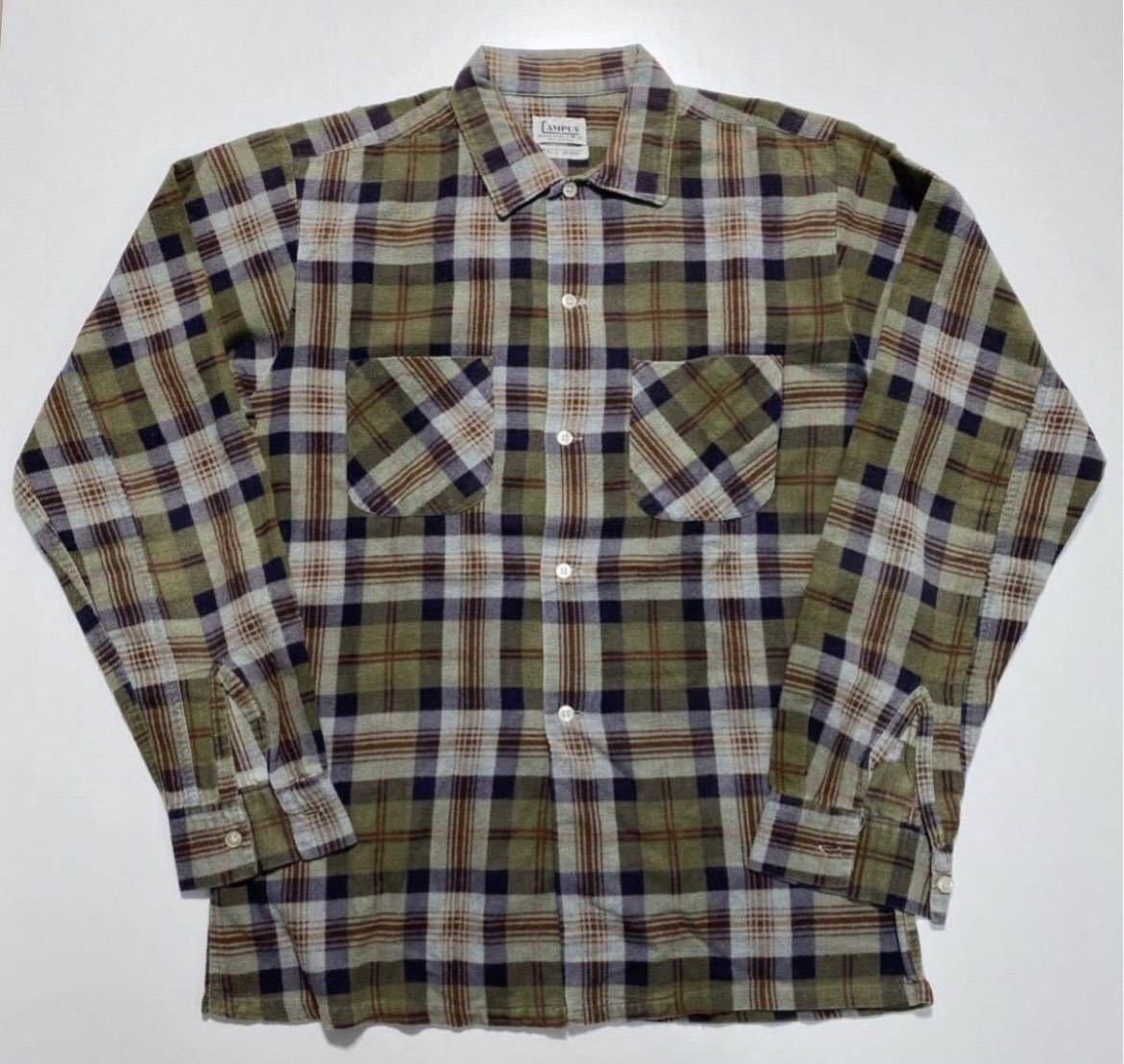 【M】60s Vintage CAMPUS Print Flannel Shirt 60年代 ヴィンテージ キャンパス プリント フランネル シャツ プリネル 衿芯あり