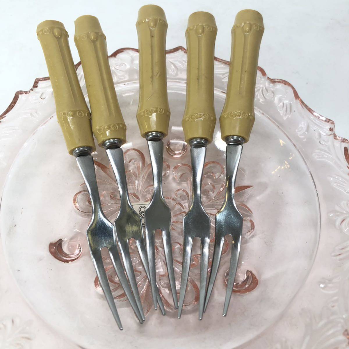 TOYOGLASSWARE glass tableware 5 customer set small plate desert Fork attaching rose pin Claw n deep plate set made in Japan Showa Retro unused box attaching 