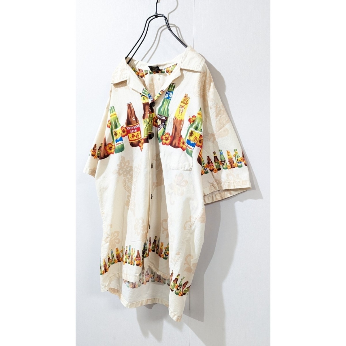 アロハシャツ　古着　ビール　開襟シャツ　ベージュ　BC85_画像3