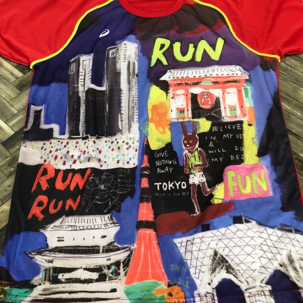 【美品】 2015 東京マラソン TOKYO MARATHON 記念 半袖Tシャツ プラクティスシャツ asics Mサイズ 浅草 東京タワー 良デザインの画像3