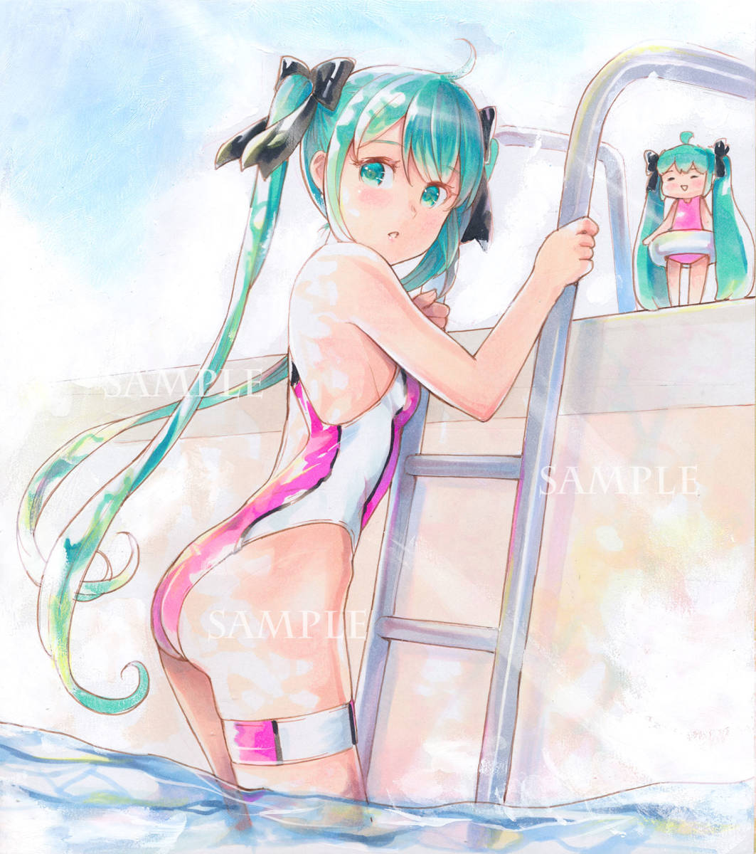 * same person hand-drawn illustrations square fancy cardboard original picture Hatsune Miku [.. swimsuit ]