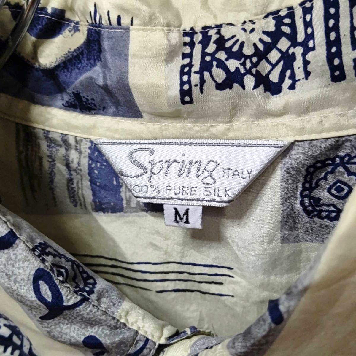 spring italy (スプリング) 総柄 半袖 シャツ シルクシャツ オーバーサイズ ネイビー アイボリー Mサイズ イタリア製 シルク メンズ 