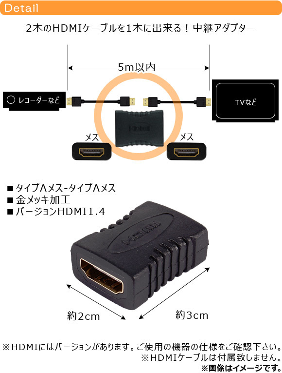 AP HDMI 中継アダプター メス-メス タイプA ver.1.4 金メッキ加工 ケーブルを繋げて1本に！ AP-TH701_画像2