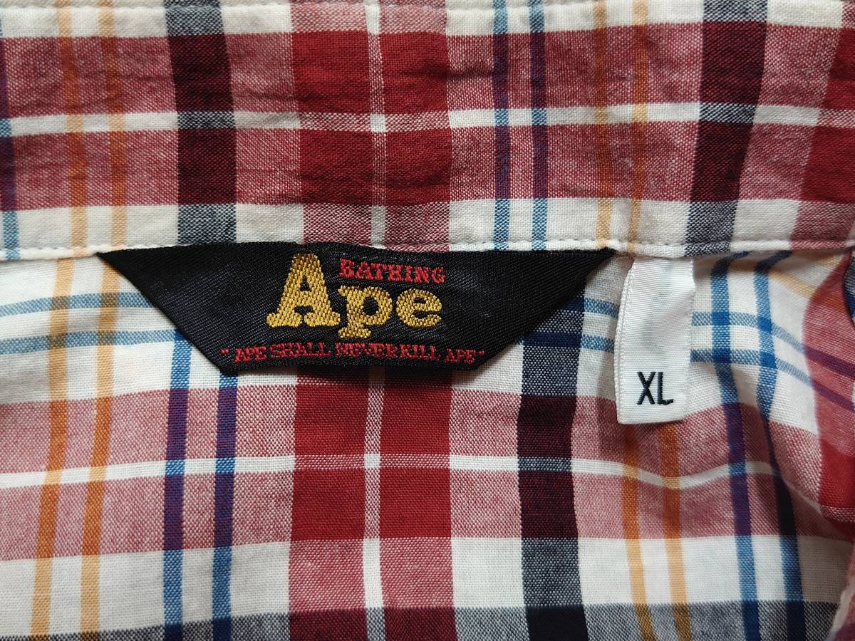 A BATHING APE ア ベイシング エイプ チェック プルオーバー半袖シャツ XL 三角タグ ラグラン ボタンダウン 90s 初期_画像7