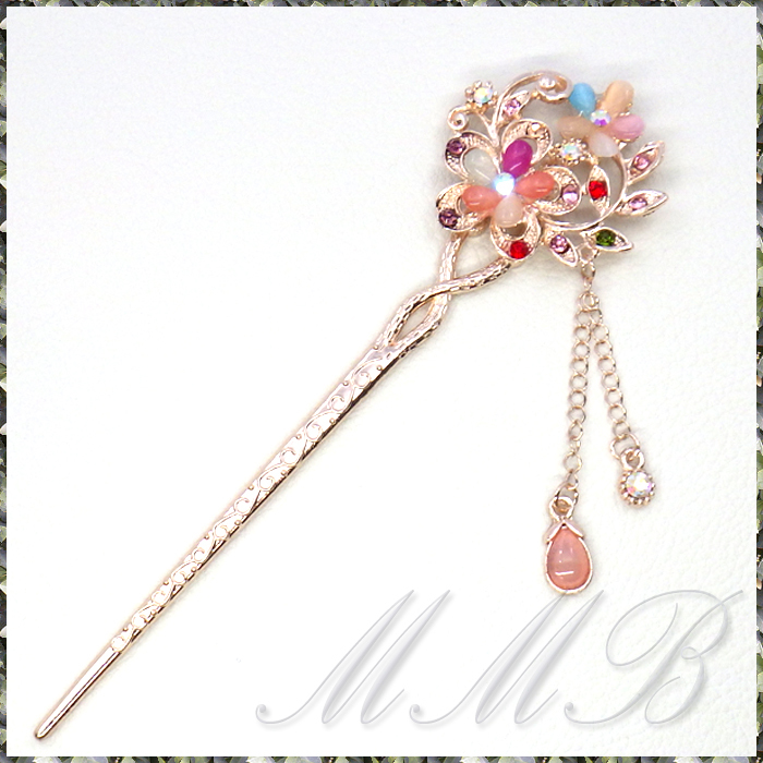 [Hair] Elegant Hair Stick Hairpin マルチカラー ラインストーン サクラ フラワー 簪(かんざし) ピンクゴールド ヘアースティック_画像1