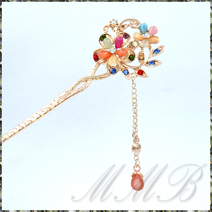 [Hair] Elegant Hair Stick Hairpin マルチカラー ラインストーン サクラ フラワー 簪(かんざし) ピンクゴールド ヘアースティック_画像3