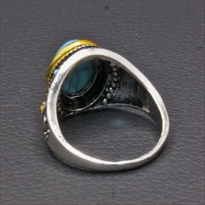 [RING] Antique Design Turquoises Stone オーバル ターコイズ ブルー ストーン シルバー & ゴールド 17mm ワイドリング 15号 【送料無料】_画像4