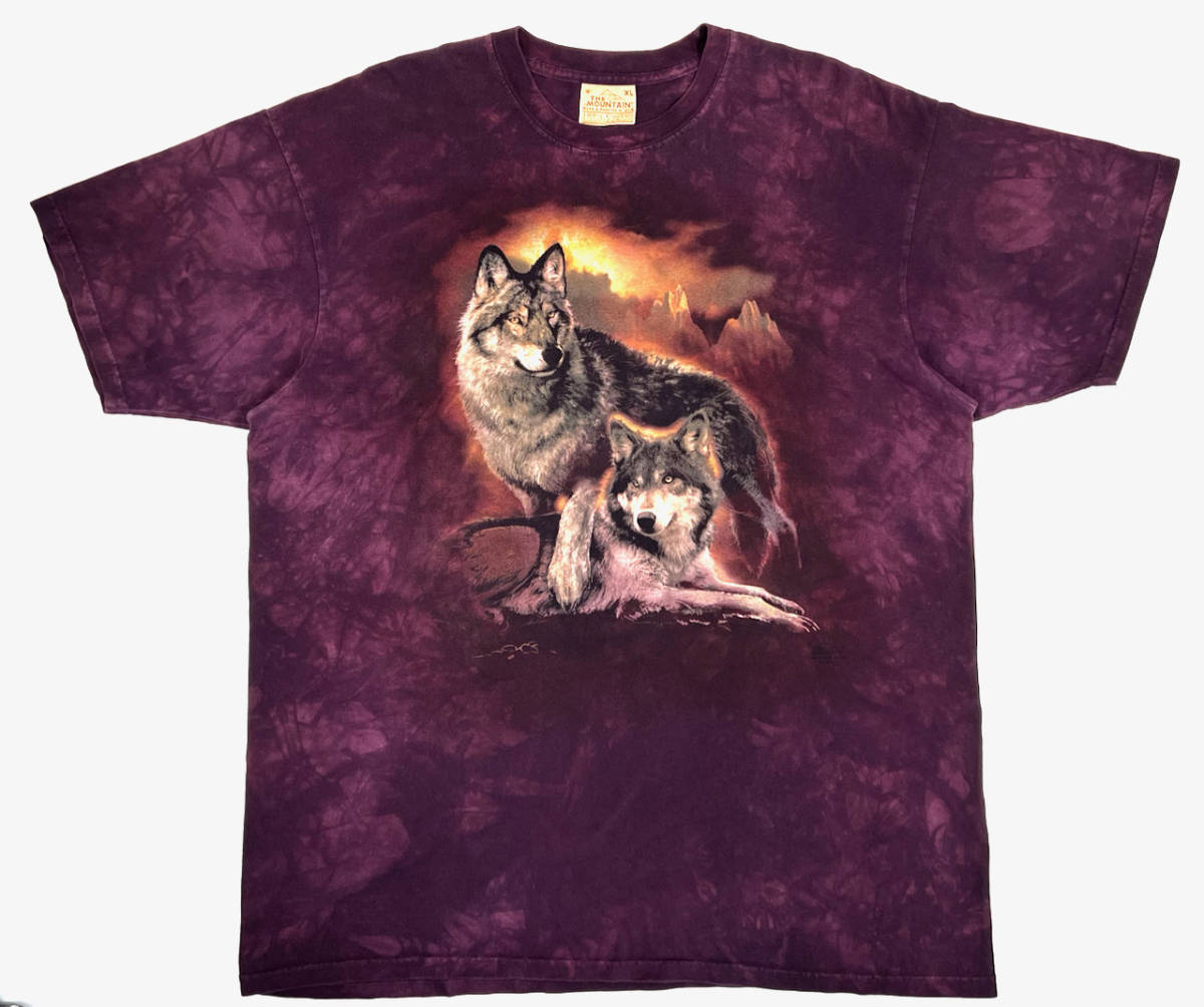 1990s THE MOUNTAIN Wolf S/S Tee XL Purple オールド ザマウンテン 半袖Tシャツ タイダイ 総柄 オオカミ 動物_画像1