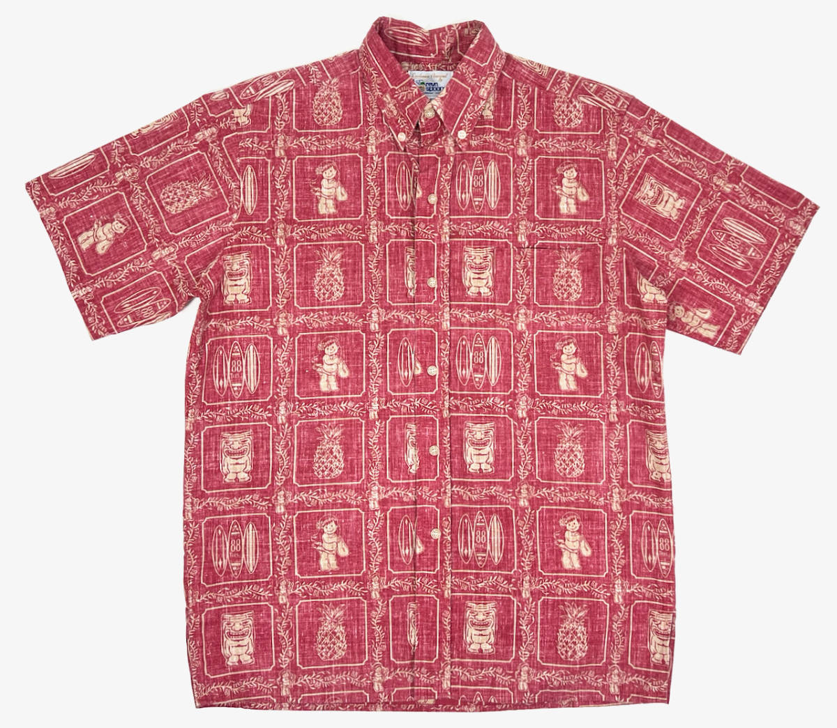 【テレビで話題】 spooner reyn 1990s Aloha 赤 レッド サーフボード ハワイ アロハシャツ オールドレインスプーナー HAWAII IN TAILORED S shirts Sサイズ