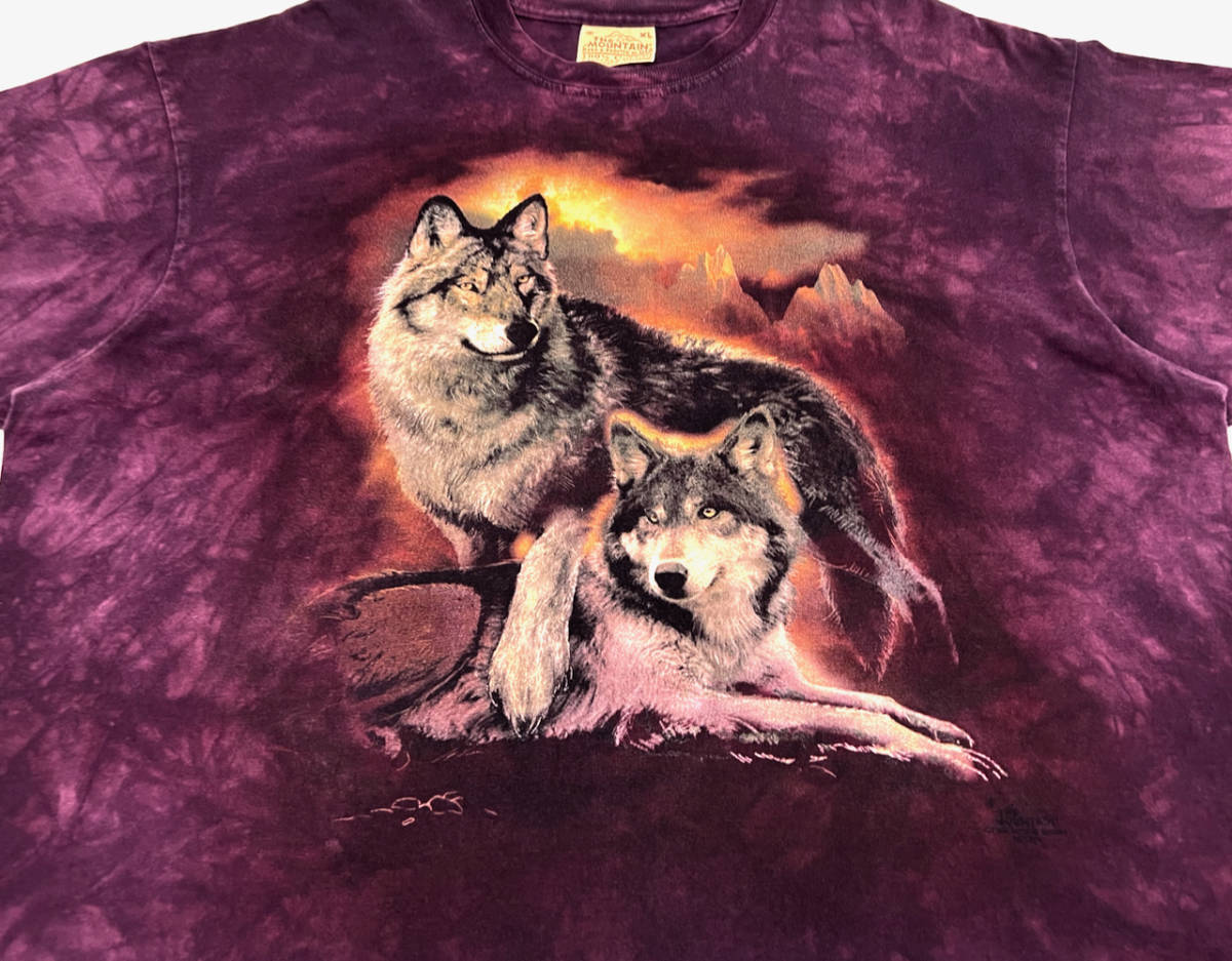 1990s THE MOUNTAIN Wolf S/S Tee XL Purple オールド ザマウンテン 半袖Tシャツ タイダイ 総柄 オオカミ 動物_画像5