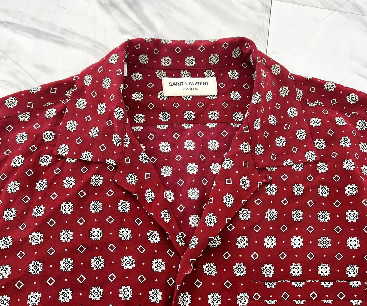  as good as new super-beauty goods regular price 17 ten thousand jpy Saint Laurent Paris 20AW total pattern short sleeves silk shirt 38 wine red sun rolan silk 100% Italy made regular 