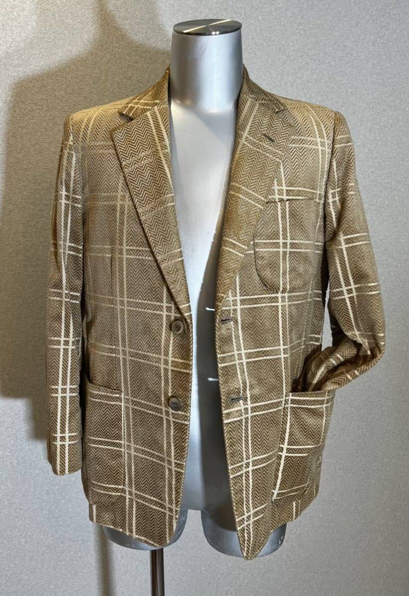 激レア 希少 TAILOR MITSUKOSHI 60s 70s vintage ベロア チェック柄 テーラード ジャケット ゴールド ベージュ S 相当 ヴィンテージ レトロ_画像2