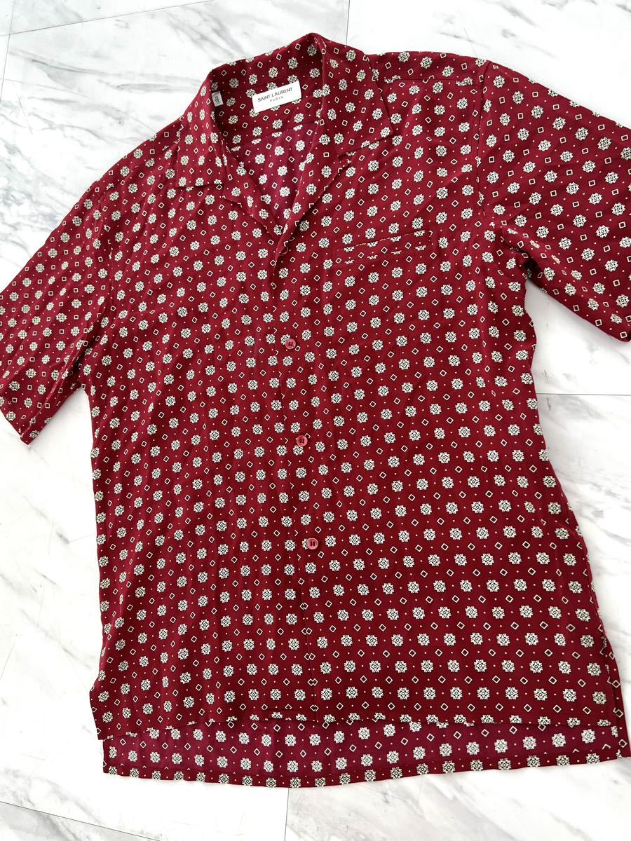  as good as new super-beauty goods regular price 17 ten thousand jpy Saint Laurent Paris 20AW total pattern short sleeves silk shirt 38 wine red sun rolan silk 100% Italy made regular 