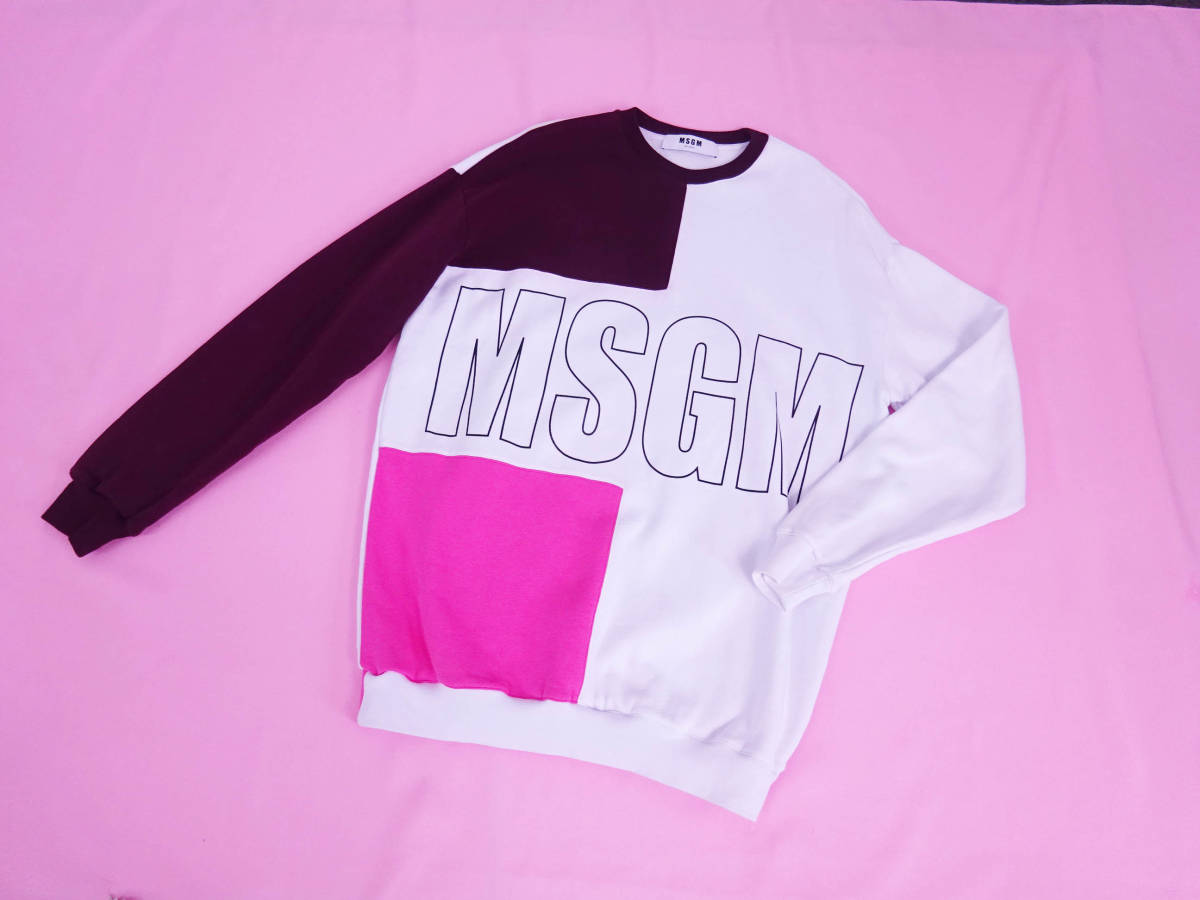 人気♪MSGM エムエスジーエム　ブロックカラー　ロゴ　スウェットトレーナー　ホワイト　ピンク　XS ほぼ新品