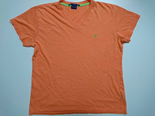 *POLO Ralph Lauren спорт Ralph Lauren футболка V шея one отметка Logo US женский [M] orange × желтый зеленый б/у одежда *81000*