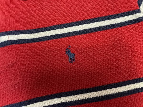 ☆US古着 POLO Ralph Lauren ラルフローレン ポロシャツ ボーダー柄 ポニーロゴ刺繍 レッド赤×白【L14-16】鹿の子　　　　　◆3825◆_画像6