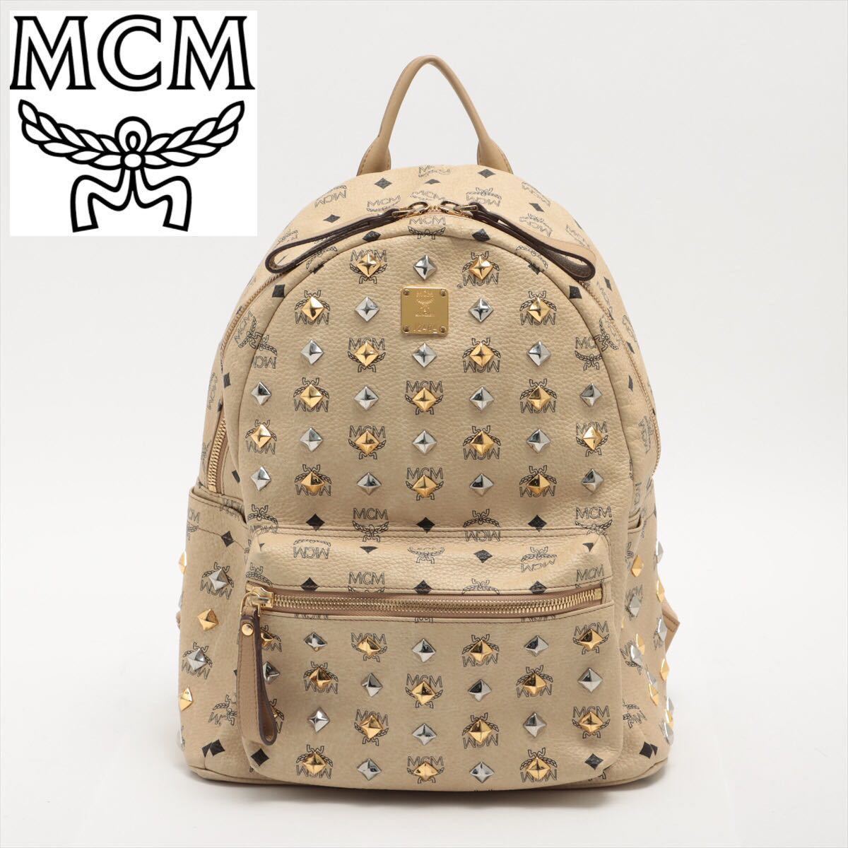 美品】MCM バックパック ベージュ ヴィセトス スタッズ レザー