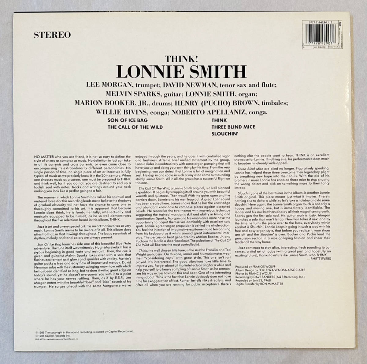 ■1986年 Reissue UK盤 Lonnie Smith - Think! 12”LP B1-84290 Blue Note_画像2