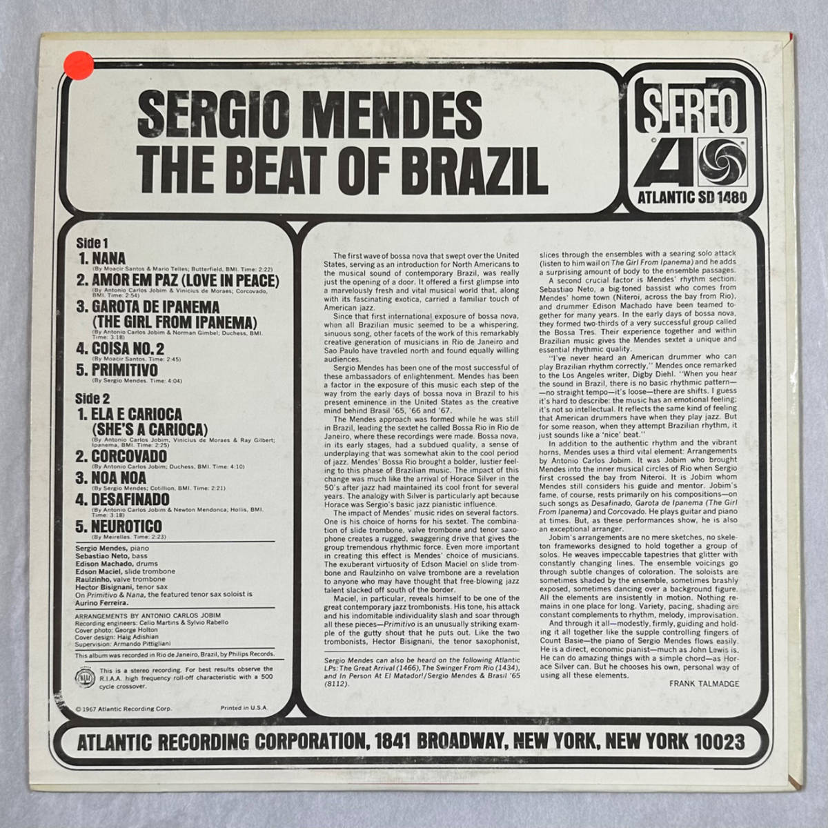 ■1967年 オリジナル US盤 Sergio Mendes - The Best of Brazil 12”LP SD 1480 A&M Records_画像2