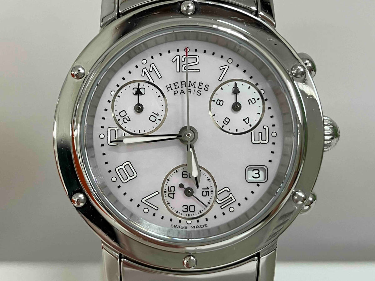 【新品仕上げ済み】 HERMES エルメス CL1.310 箱付 クリッパー クロノグラフ デイト クォーツ レディース 腕時計