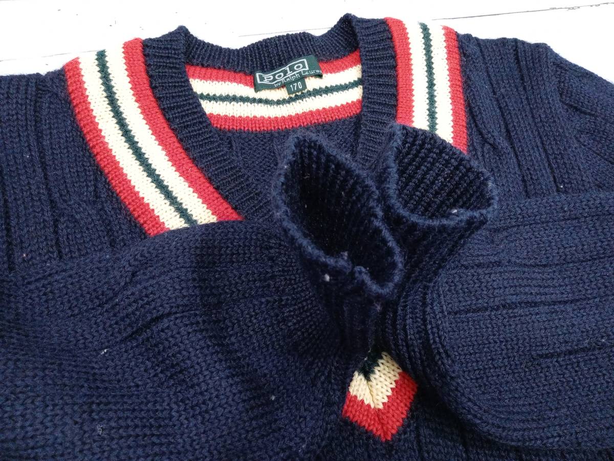 POLO RALPH LAUREN ポロ ラルフローレン 推定80s チルデンニット チルデンセーター ウールニット Vネック メンズ サイズ 170 ネイビー_画像3