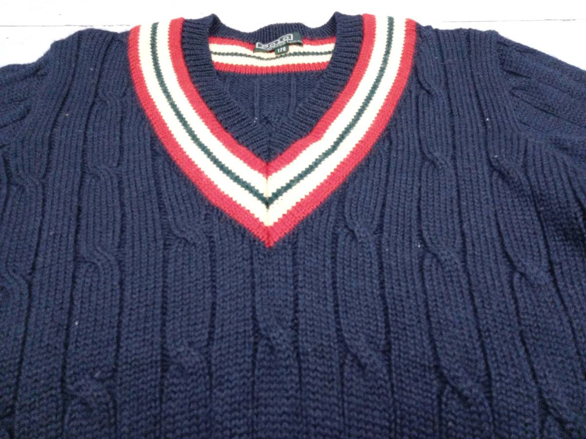 POLO RALPH LAUREN ポロ ラルフローレン 推定80s チルデンニット チルデンセーター ウールニット Vネック メンズ サイズ 170 ネイビー_画像4