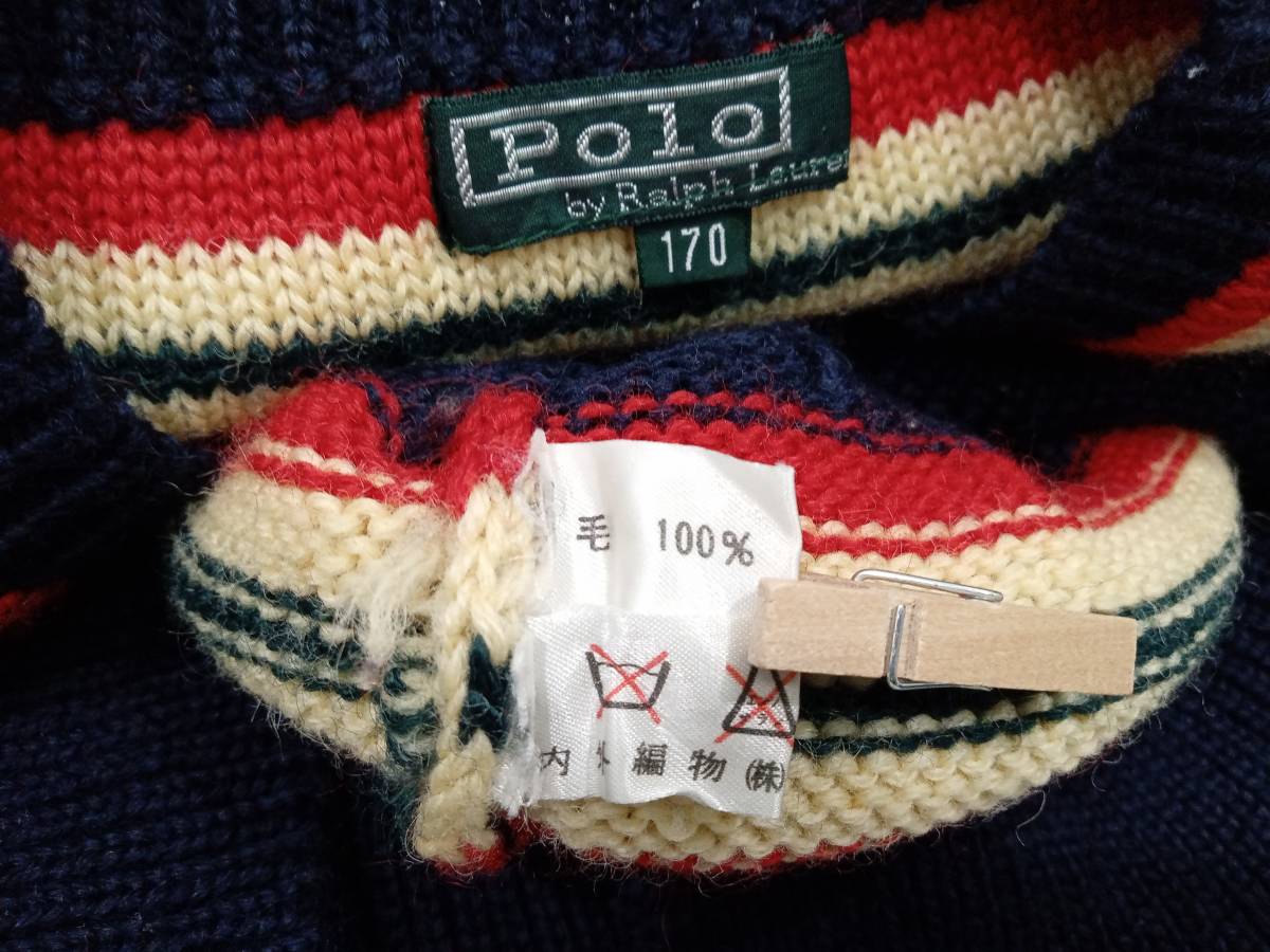 POLO RALPH LAUREN ポロ ラルフローレン 推定80s チルデンニット チルデンセーター ウールニット Vネック メンズ サイズ 170 ネイビー_画像8