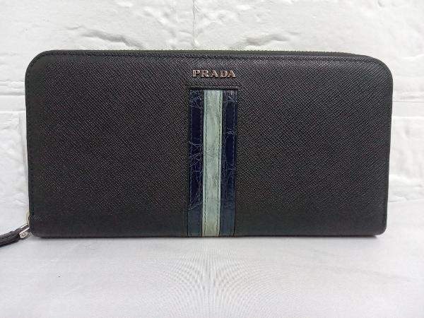 PRADA 長財布 2ML317 ストライプ/プラダ/ラウンドジップ/ブラック系