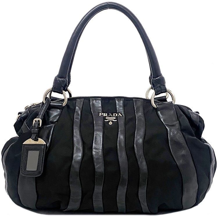 プラダ トートバッグ ブラック シルバー BL0538 美品 ナイロン レザー 中古 PRADA 黒 ストライプ