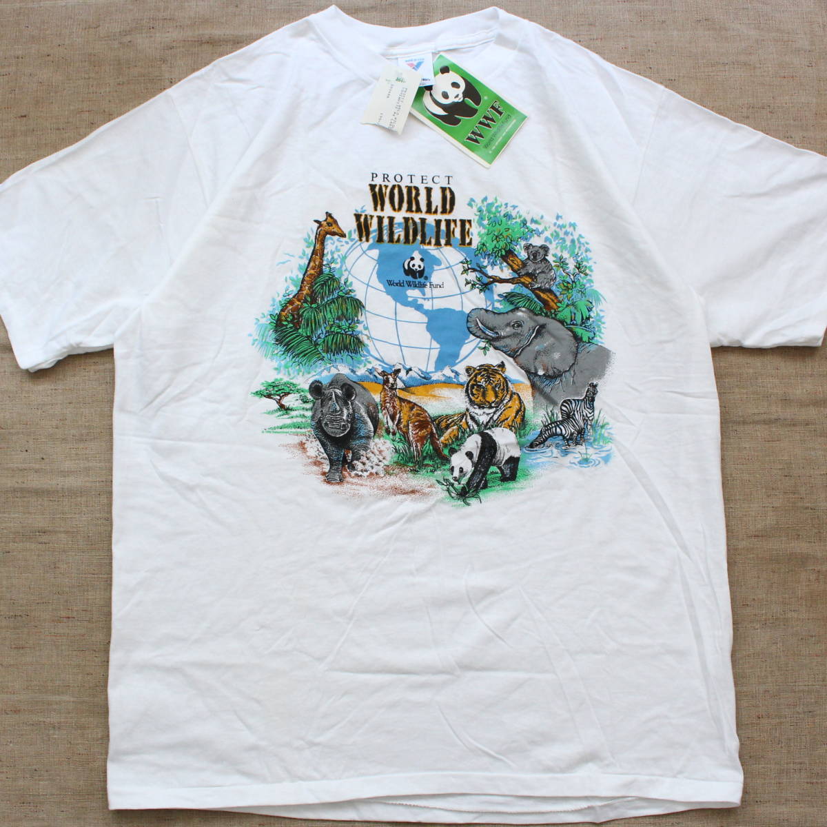 新品1990年WWF REIヴィンテージTシャツ アニマル 動物 コアラ パンダ 虎 キリン サイ カンガルー 象USAアメリカ 野生 自然保護 古着 アート_画像1