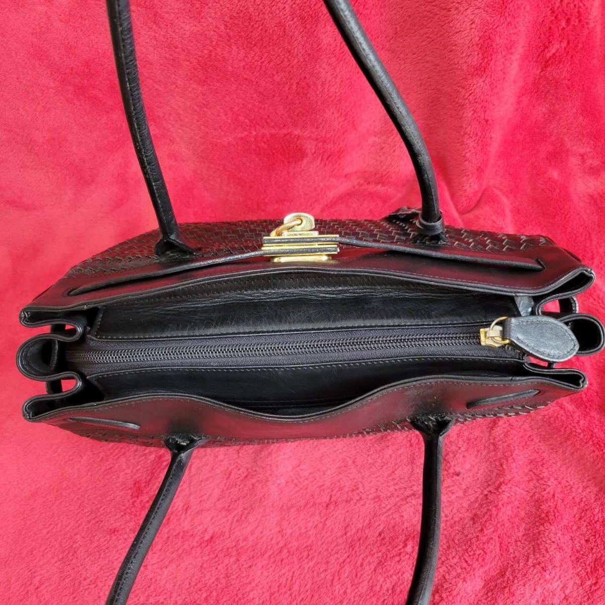 【老舗】本革 LA MODA ELEGANCE ハセガワ 日本製 メッシュ 編み込み 本革 レザーハンドバッグ ターンロック 南京錠 鍵付き 冠婚葬祭