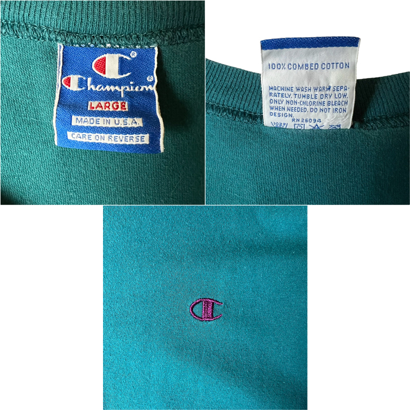 90s USA製 Champion ワンポイント ロゴ 刺繍 半袖 Tシャツ L / 90年代 アメリカ製 チャンピオン オールド グリーン_画像3