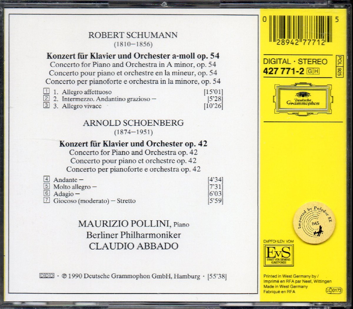 シューマン，シェーンベルク：ピアノ協奏曲　ポリーニ(p) アバド＝BP （DG＊427771）_画像2