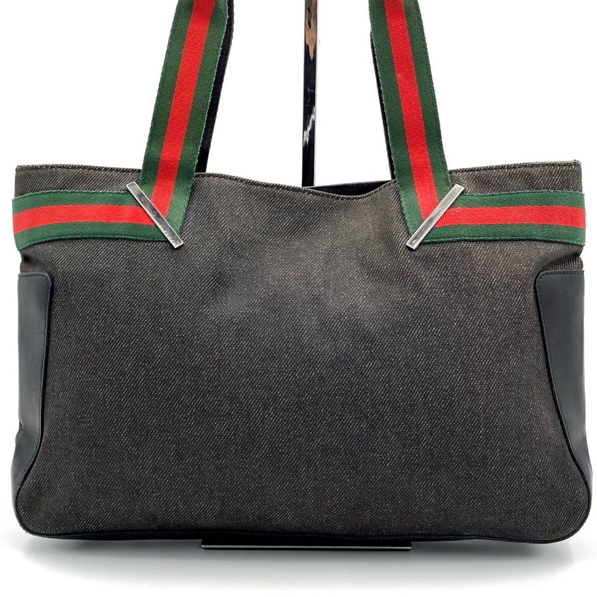 超美品】グッチ GUCCI トートバッグ デニム シェリーライン レザー 本