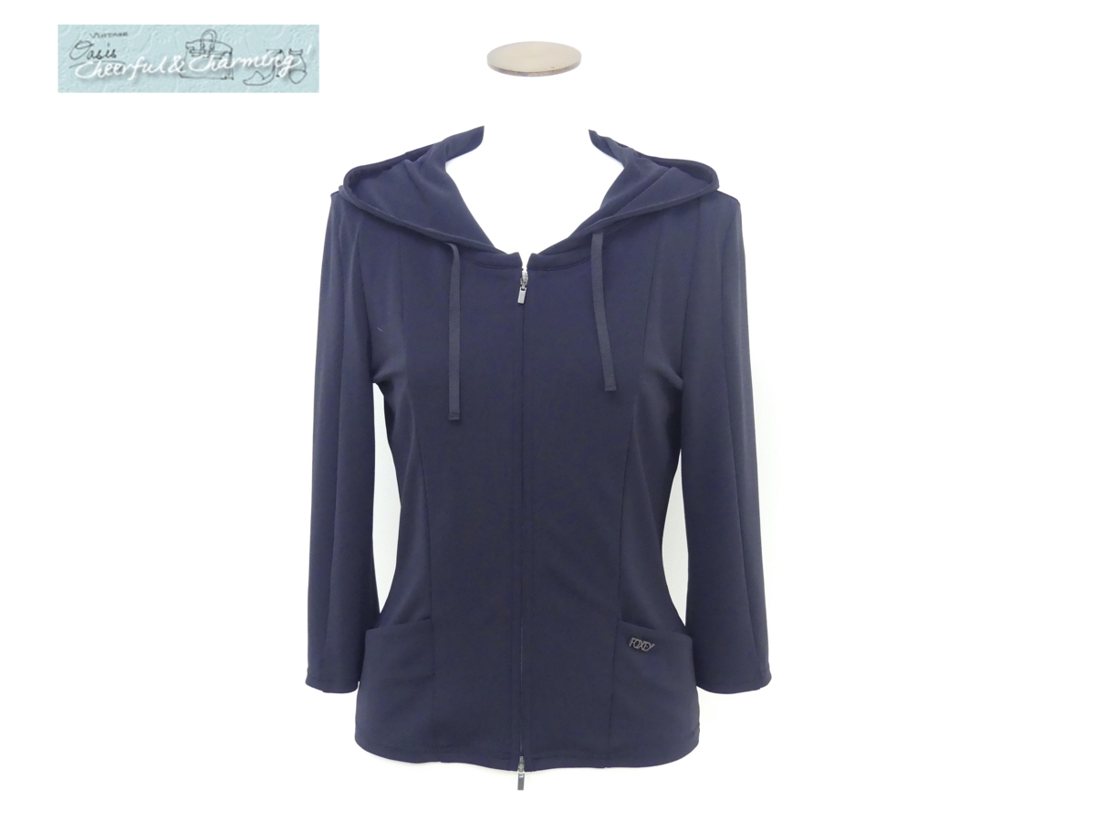 FOXEY NEWYORK パワーショルダーパーカ 42 ネイビー マットストレッチ