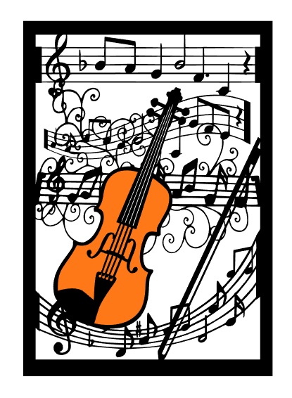 切り絵　音符に楽器：バイオリン　（他の楽器に変更も可）_いろ紙貼り例