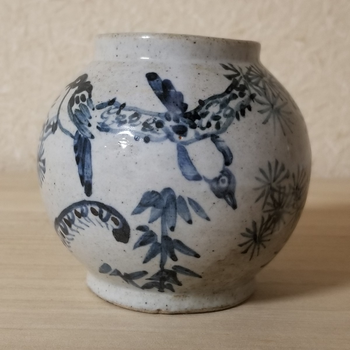 李朝白磁 朝鮮古陶 李朝工芸 染付 トラ 鳥 白磁壺 李朝壺 /李朝美術 古