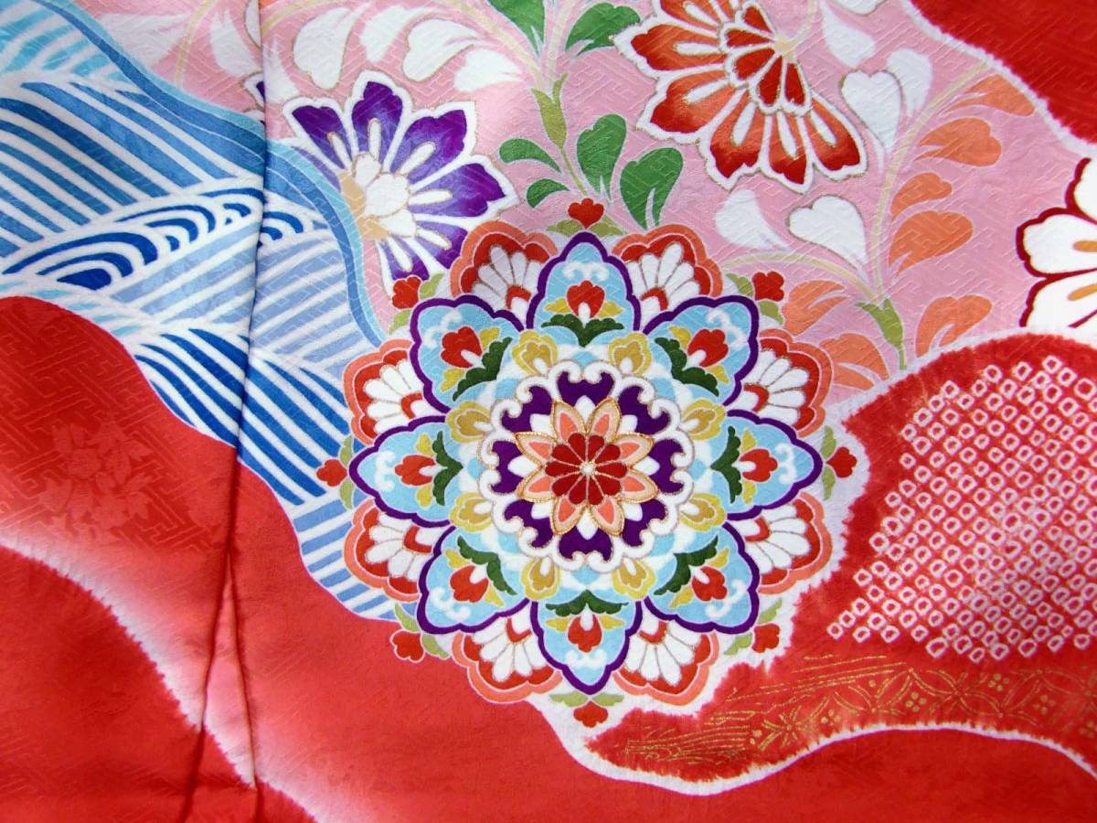 [ new goods ][ japanese silk ]. Takumi hand .. Kyouyuuzen classic pattern long-sleeved kimono . red pink domestic production goods long-sleeved kimono kimono coming-of-age ceremony silk graduation ceremony wedding untailoring unused kimono
