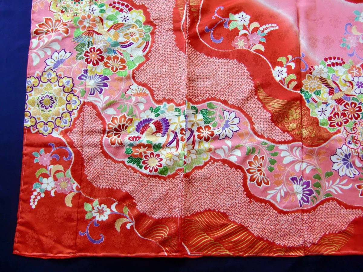 [ new goods ][ japanese silk ]. Takumi hand .. Kyouyuuzen classic pattern long-sleeved kimono . red pink domestic production goods long-sleeved kimono kimono coming-of-age ceremony silk graduation ceremony wedding untailoring unused kimono