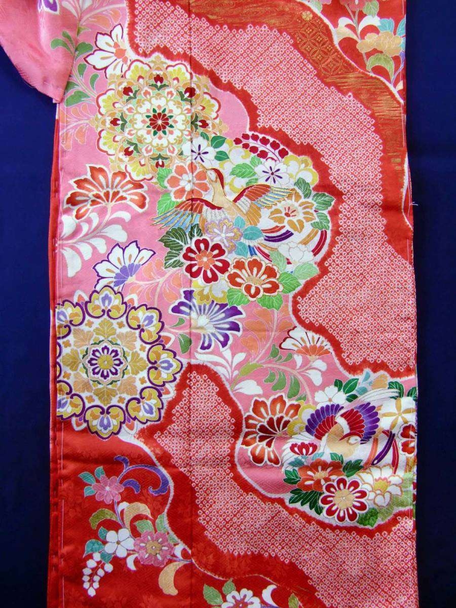 [ new goods ][ japanese silk ]. Takumi hand .. Kyouyuuzen classic pattern long-sleeved kimono . red pink domestic production goods long-sleeved kimono kimono coming-of-age ceremony silk graduation ceremony wedding untailoring unused kimono