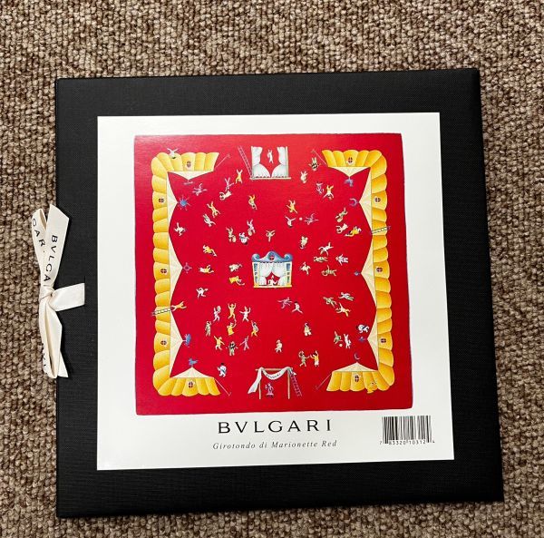 B48 BVLGARI ブルガリ 大判スカーフ シルク100% 赤系 サーカス柄 現状