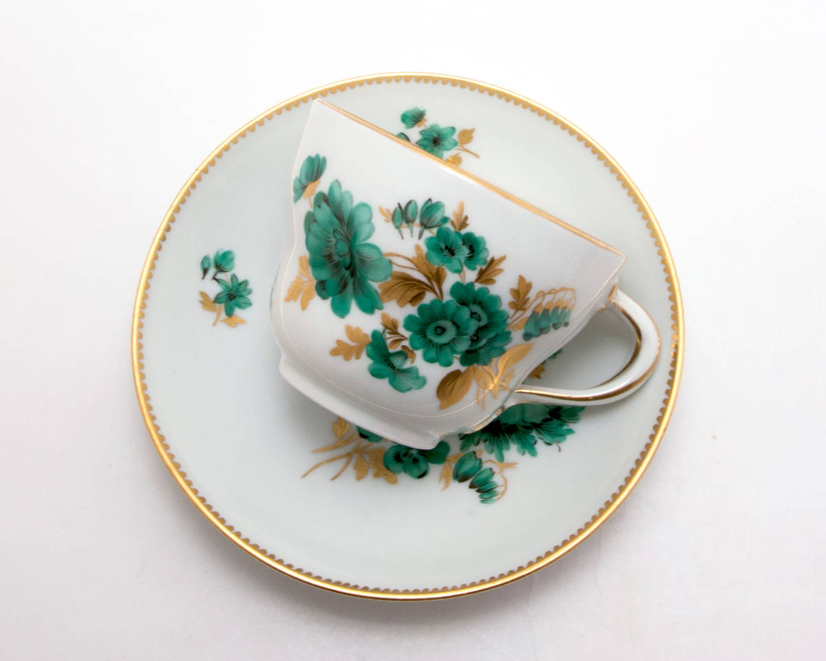 古マイセン 金彩 花のブーケ文 ワトーグリーン カンテ コーヒー 古マイセン 金彩 花のブーケ文 ワトーグリーン カンテ コーヒー