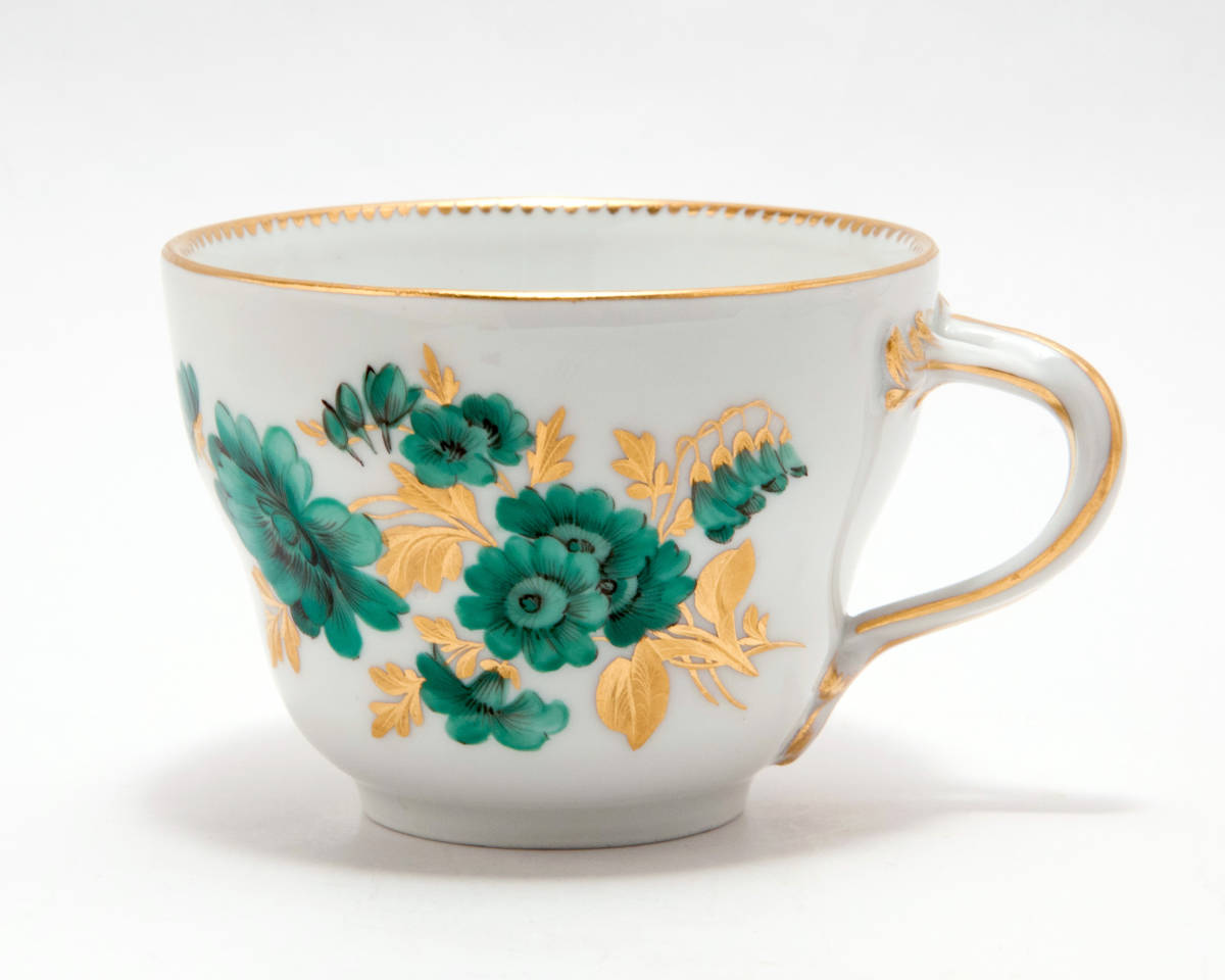 古マイセン 金彩 花のブーケ文 ワトーグリーン カンテ コーヒー 古マイセン 金彩 花のブーケ文 ワトーグリーン カンテ コーヒー